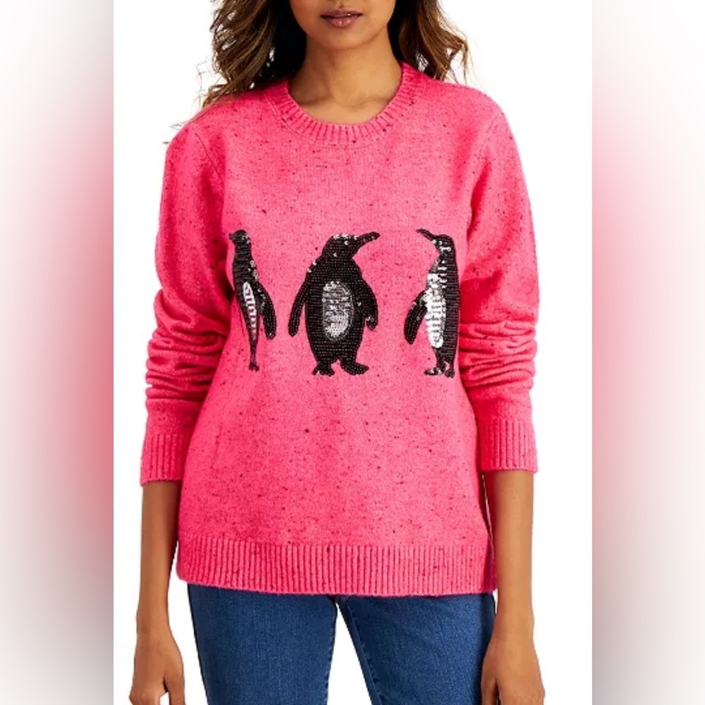 Karen Scott Lightweight Penguin Print Pullover Sweater Pink Women’s XL
